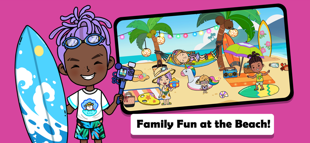 Characters having family fun at the beach in YoYa Busy Life World