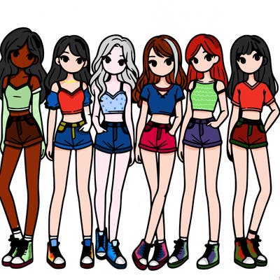 a group of girls wearing crop tops and shorts