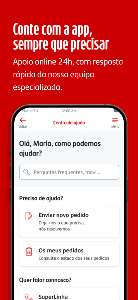 Interface de suporte do aplicativo móvel Santander Portugal com opções de assistência 24 horas