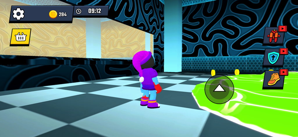 Escape from Dungeon World - A character in a purple hat explores a 3D dungeon room with a checkered floor and green hazards.