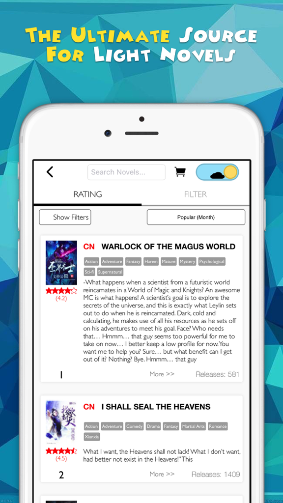 Novel Updates app interface showing popular light novels like Warlock of the Magus World with ratings and genre tags