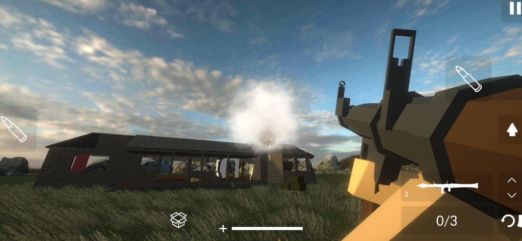 First person view of a player firing a rocket at a house in a destruction sandbox game