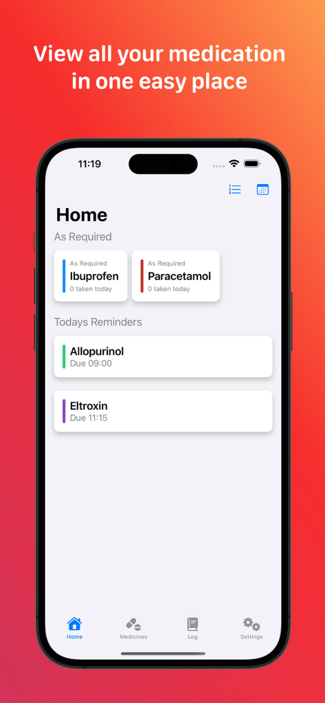 Medication tracker & reminders - Tela inicial do aplicativo de rastreamento de medicação exibindo lembretes diários e pílulas conforme necessário em um iPhone.