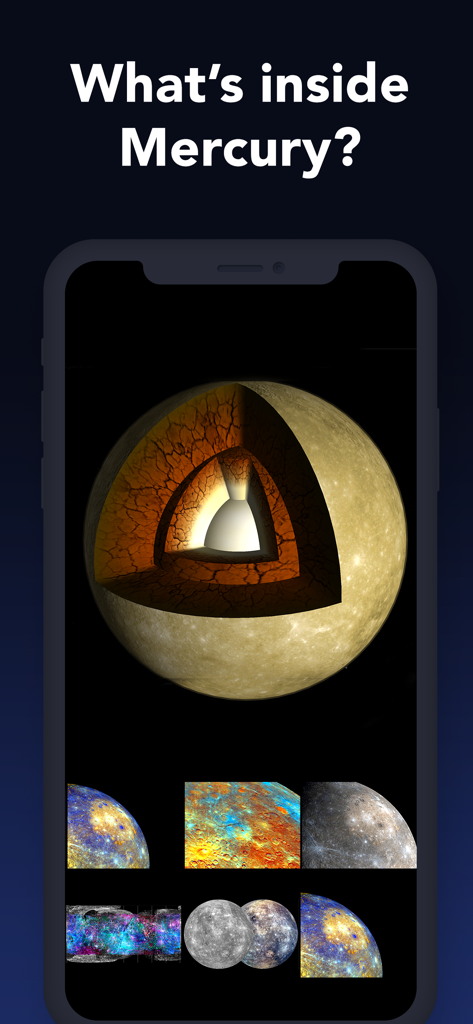 Solar Walk: Space Simulator 3D - 3D model showing the internal layers of Mercury