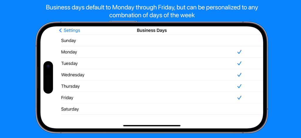 Time Jump - Date Calculator - Una pantalla de smartphone que muestra la configuración de Días Hábiles en la aplicación Time Jump, permitiendo a los usuarios seleccionar días laborables personalizados.