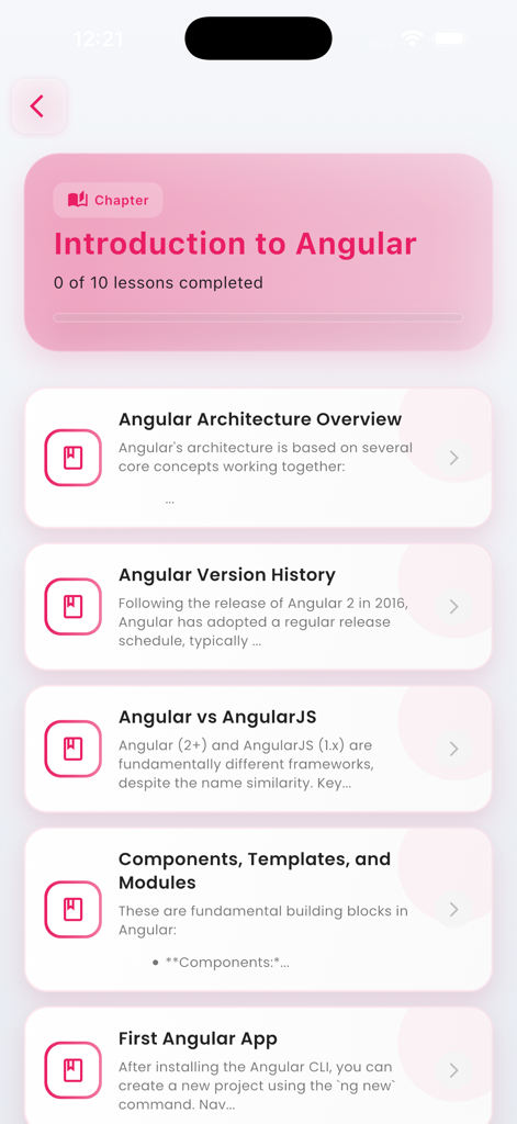 Learn Angular Development - Screenshot des Kapitels "Einführung in Angular", das eine Liste grundlegender Lektionen und einen Fortschrittstracker zeigt.