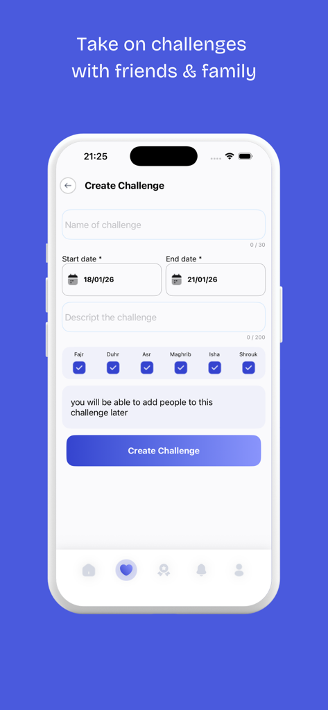 Prayer Pro - Muslim Prayers - Interface of the Prayer Pro app showing the Create Challenge screen with options for dates and prayer types