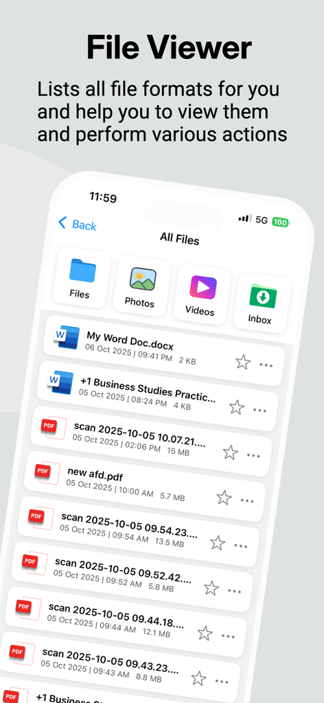 File Doctor - La aplicación File Doctor mostrando una lista de documentos y archivos multimedia
