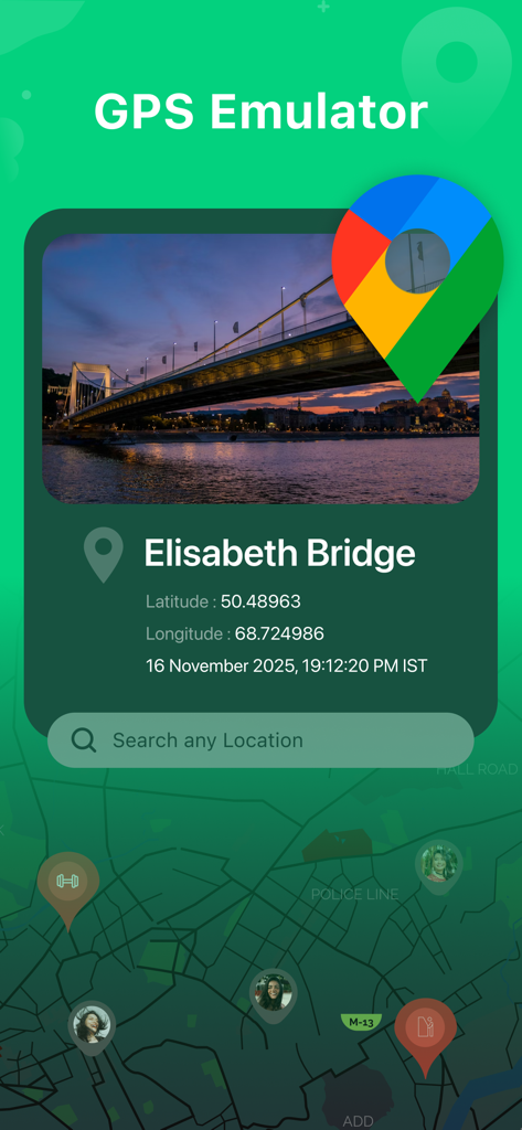 GPS Emulator app interface displaying geographic coordinates and search bar for Elisabeth Bridge