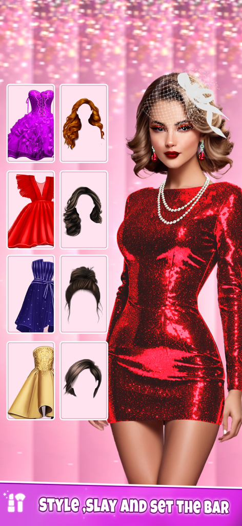 Makeup Game - Fashion Makeover - Uma modelo em um vestido vermelho brilhante com várias opções de personalização de roupas e cabelos para um jogo de makeover de moda.