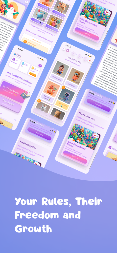 Fablio - Create Your Story! - Multiple mobile app screens from Fablio showcasing character selection, personalized stories, and 3D illustrations for children.