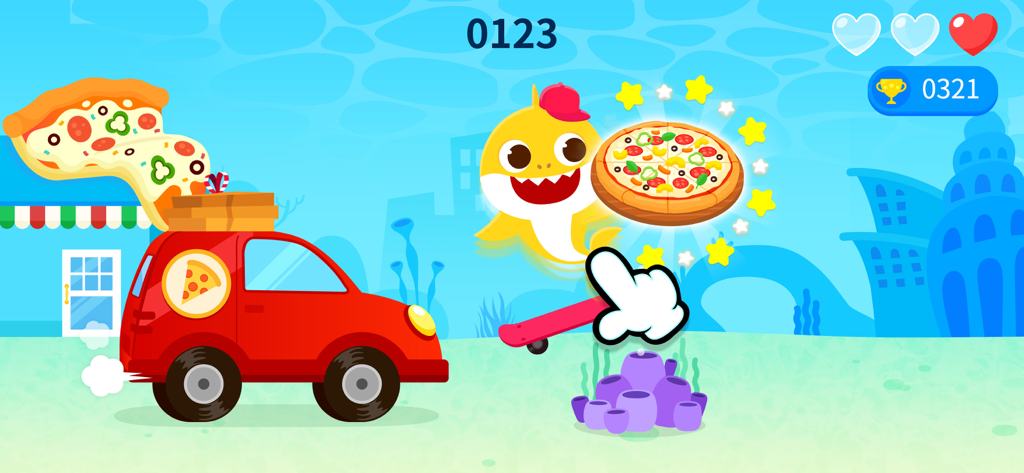 Baby Shark Pizza Game - Baby Shark Ollie delivering a pizza in a red car and on a skateboard