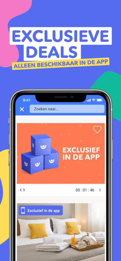 VakantieVeilingen - Dagje uit - VakantieVeilingen app interface showing exclusive mobile auction deals and countdown timer