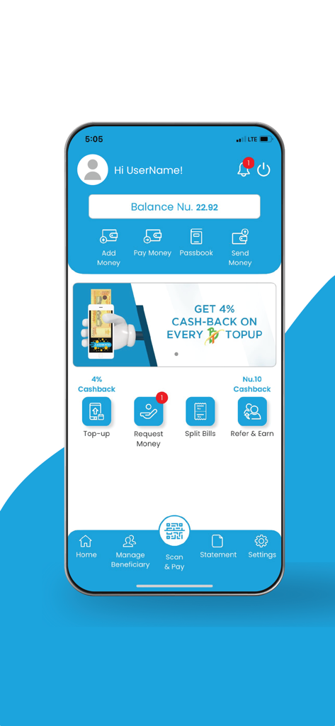 goBoB - goBoB mobile wallet app dashboard showing user balance and financial service icons like top-up and send money