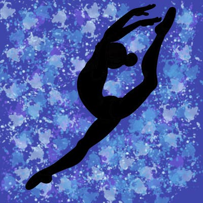 gymnast doing a leap in a leotard with a bent back leg