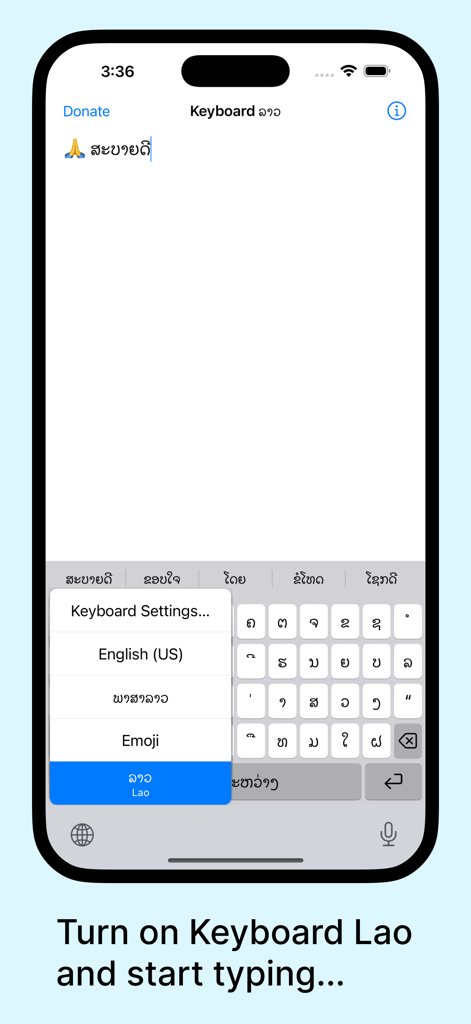 Keyboard Lao - iPhone display showing the Keyboard Lao app with a language selection menu and Lao script keyboard