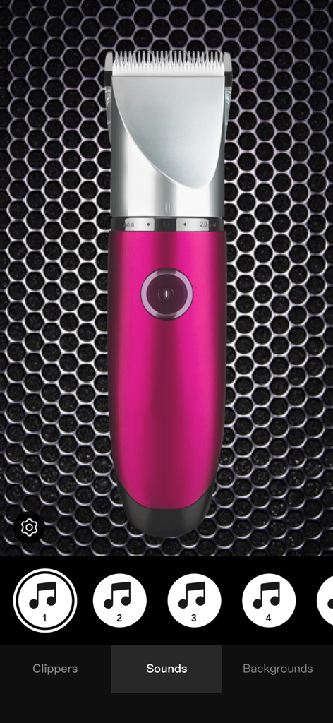 Interface of the Hair Clippers and Razor Prank app showing a pink clipper and sound selection menu