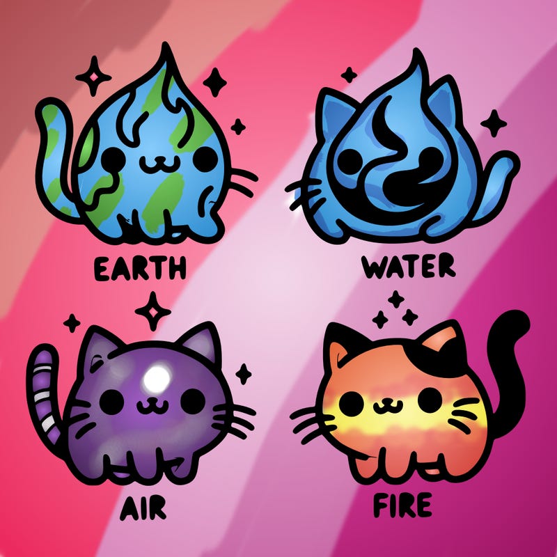 4 cats that represent the different elements, earth, water, air, and fire