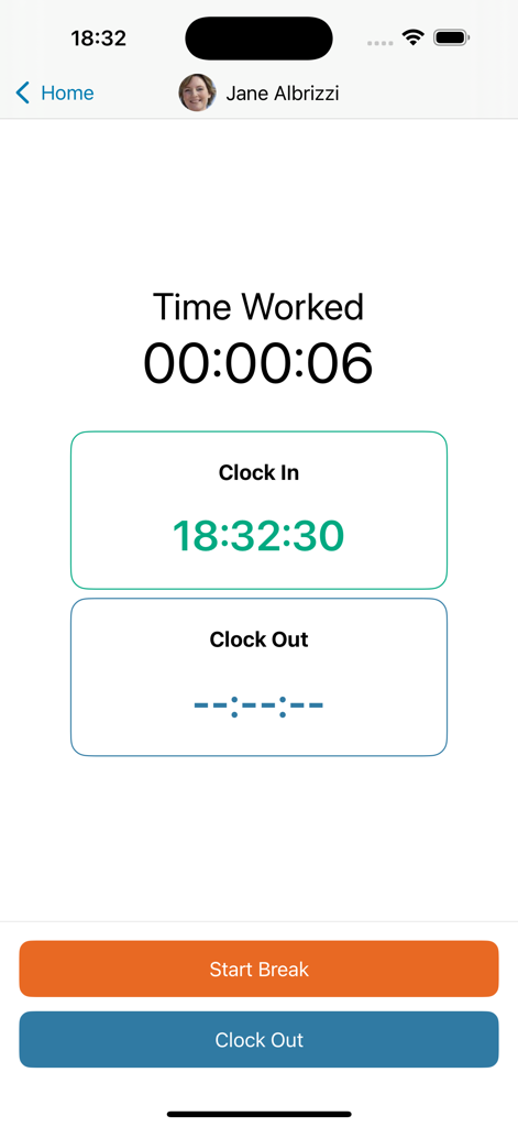 Pantalla de la aplicación móvil Cezanne HR que muestra la interfaz de seguimiento de tiempo con funciones de entrada y salida.
