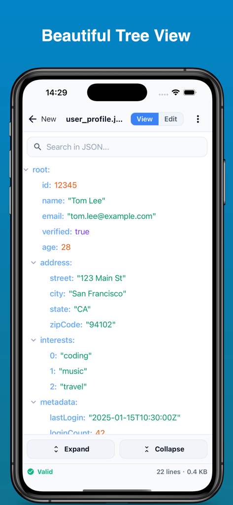 Un écran mobile affichant une vue arborescente JSON d'un profil utilisateur avec des options d'expansion et de réduction