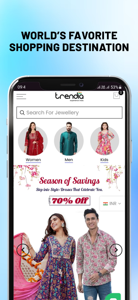 Trendia - Online Shopping App - Pantalla de inicio de la aplicación de compras de moda india Trendia que muestra categorías de ropa étnica india y descuentos de temporada