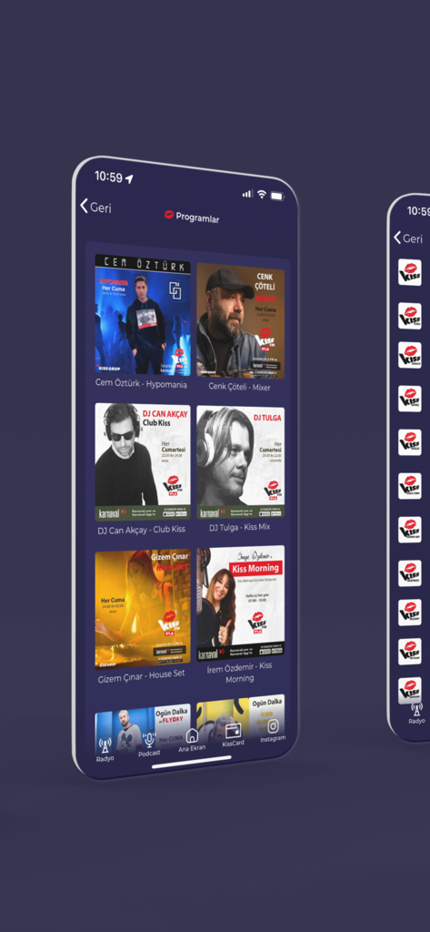 Kiss App - Mobile screen of the Kiss App showing a selection of radio programs and DJ sets.