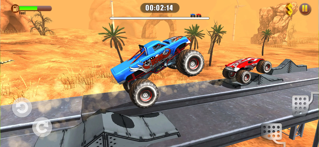 A blue monster truck jumping over a ramp on an elevated track in a desert racing level.