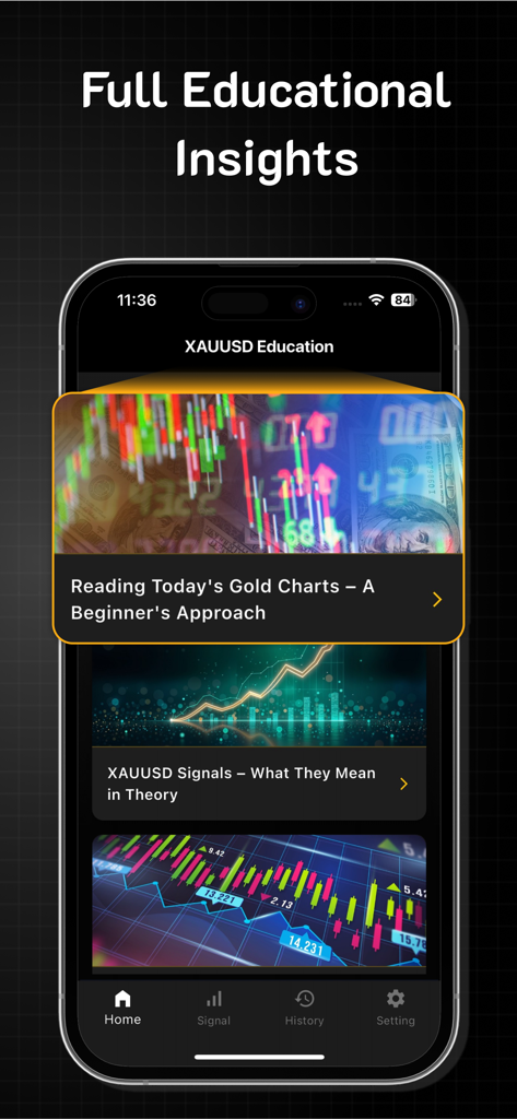 XAUUSD XAGUSD Signals Notifica - Mobile app screen showing educational insights for gold trading and market chart analysis