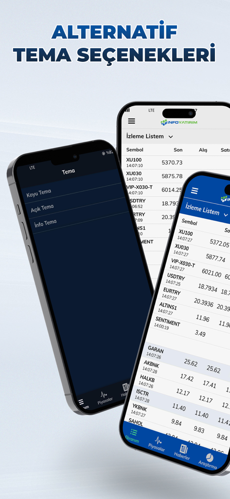 İnfoTrade Pro - Interfaz de la aplicación móvil İnfoTrade Pro que muestra opciones de tema alternativas y listas de observación del mercado de valores turco en tiempo real