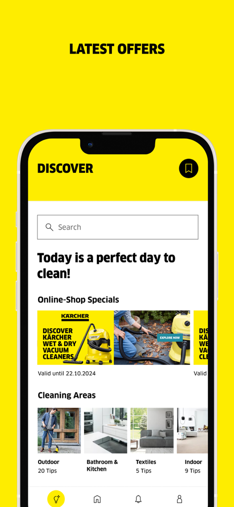 Écran Découvrir de l'application Kaercher Home and Garden présentant des conseils de nettoyage et des offres spéciales en magasin.