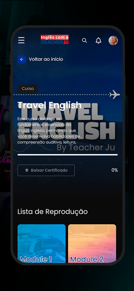 Teacher Ju English - Interface do aplicativo Teacher Ju English exibindo a tela do curso de Inglês para Viagens com opções de módulos.