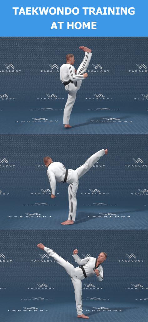 Three 3D renders of a martial artist in a black belt performing different Taekwondo kicks for home training