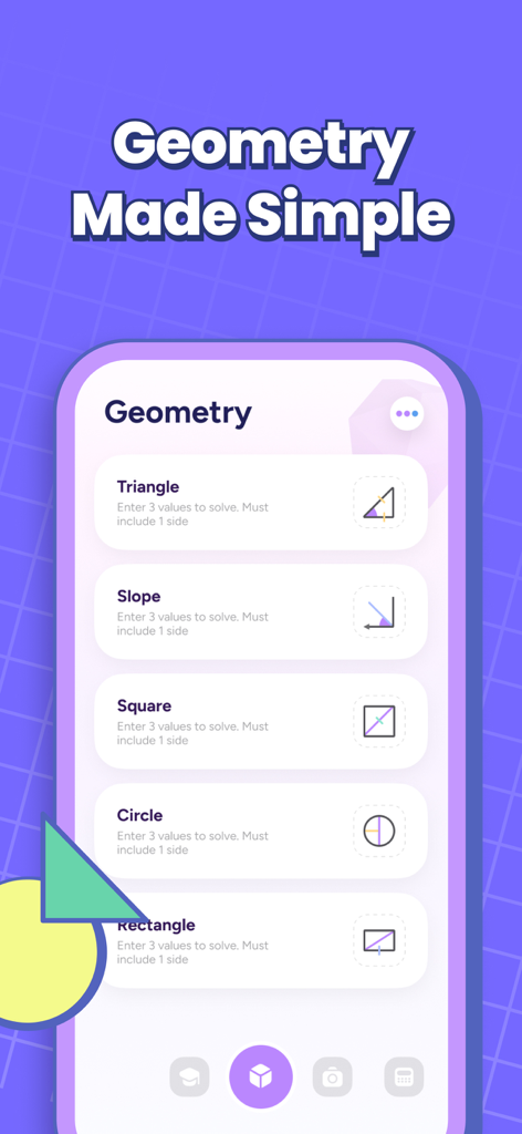 MathPro・AI Photo Math Solver - MathPro app interface for solving geometry problems including triangles and squares