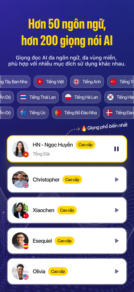 Vbee AIVoice app interface showing a list of over 50 languages and 200 AI voice profiles for text to speech