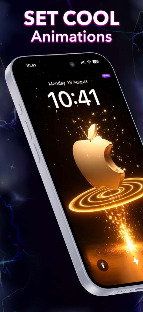 island + Charging Animations. - Tela de bloqueio do iPhone mostrando um logotipo da Apple dourado em 3D com um efeito de animação de carregamento brilhante