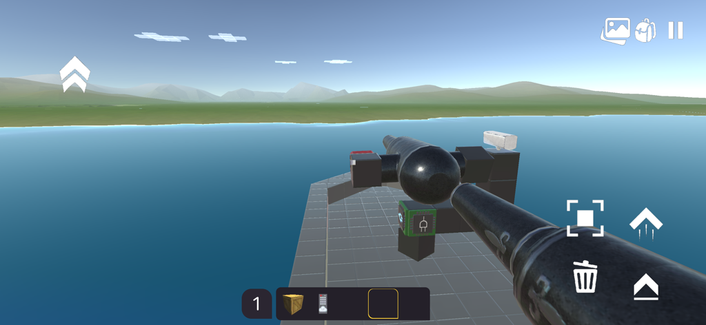 First person view of building a functional mechanical device in a 3D sandbox environment