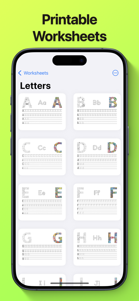 Modern Handwriting Calligraphy - Interfaz de la aplicación de escritura mostrando hojas de práctica de letras imprimibles para calcar.