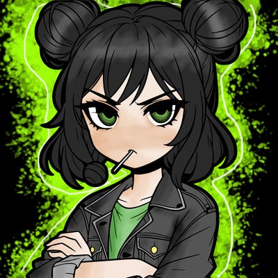 an anime girl with pigtails buns that are loose and free, she is wearing a jean jacket with her arms crossed. she has a lollipop in her mouth with her eyes narrowed. she looks very cool and daring