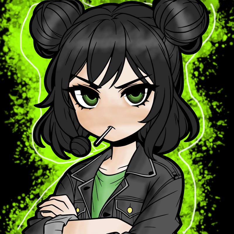 an anime girl with pigtails buns that are loose and free, she is wearing a jean jacket with her arms crossed. she has a lollipop in her mouth with her eyes narrowed. she looks very cool and daring