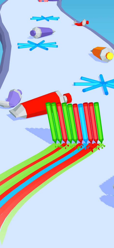Fila de lápices coloridos trazando líneas vibrantes en una pista de carreras en Pencil Rush 3D