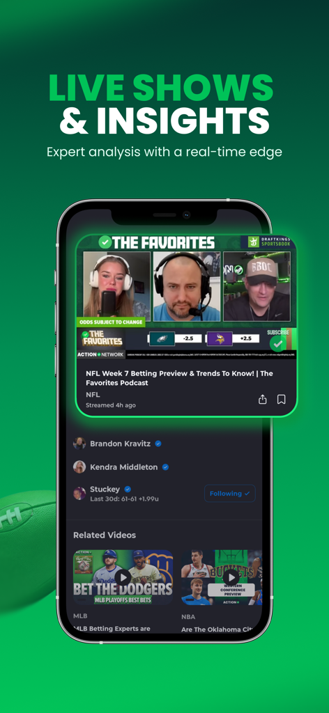 A mobile screen from the Action Network app displaying live sports betting podcasts and expert analysis videos.