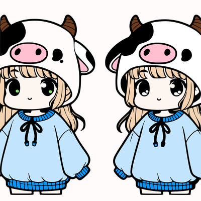 cute girl with a oversized cow sweatshirt and a cow hat