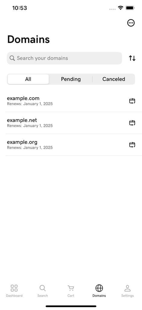 Pantalla de la aplicación móvil GoDaddy Investor que muestra una lista de dominios registrados y sus fechas de renovación.