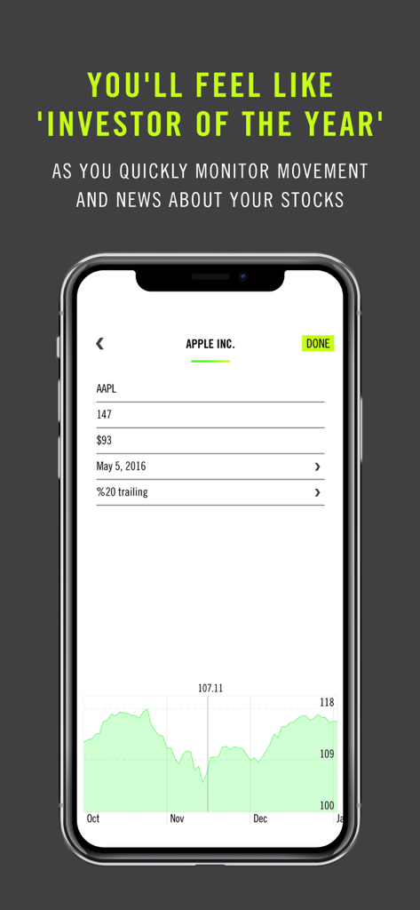 Mobile app interface displaying Apple stock price trends and trailing stop loss alert settings