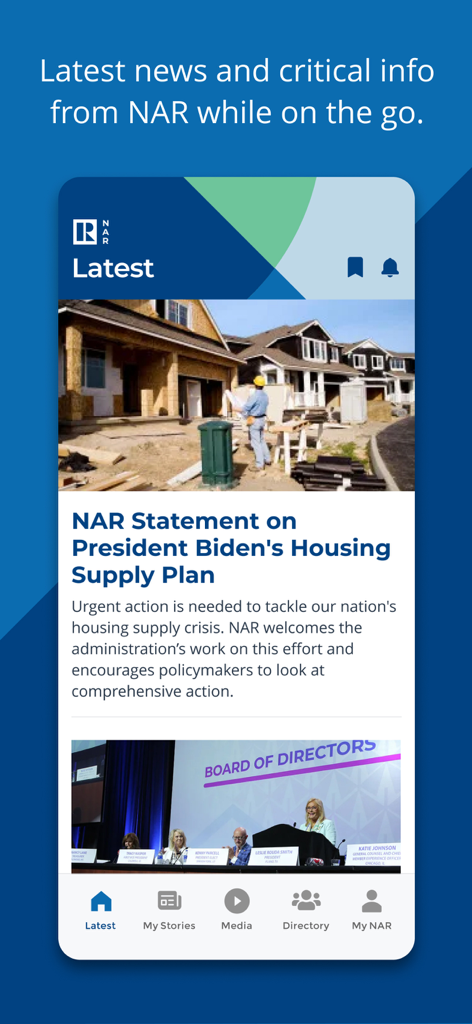 Tela do feed de notícias do aplicativo NAR Mobile exibindo atualizações de notícias do setor imobiliário e artigos para Corretores