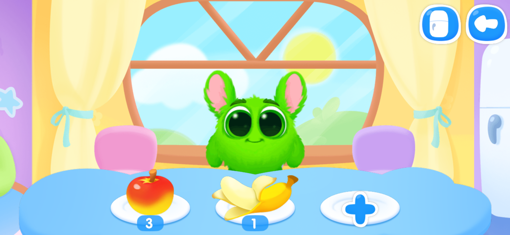 A green fluffy virtual pet sitting at a dining table with an apple and a banana