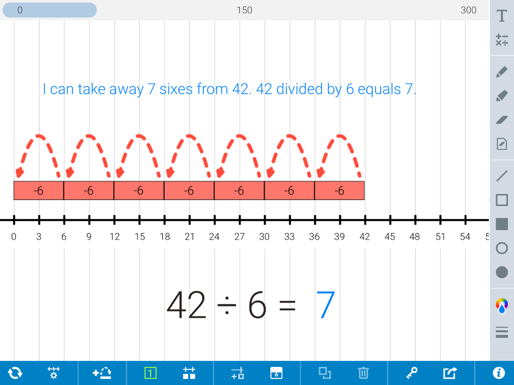 A number line showing division of forty two by six with seven backward jumps