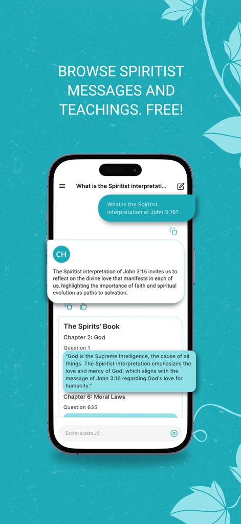Chico - Spiritual Guide - A mobile screen showing the Chico app interface with an AI chat discussing Spiritist teachings and messages