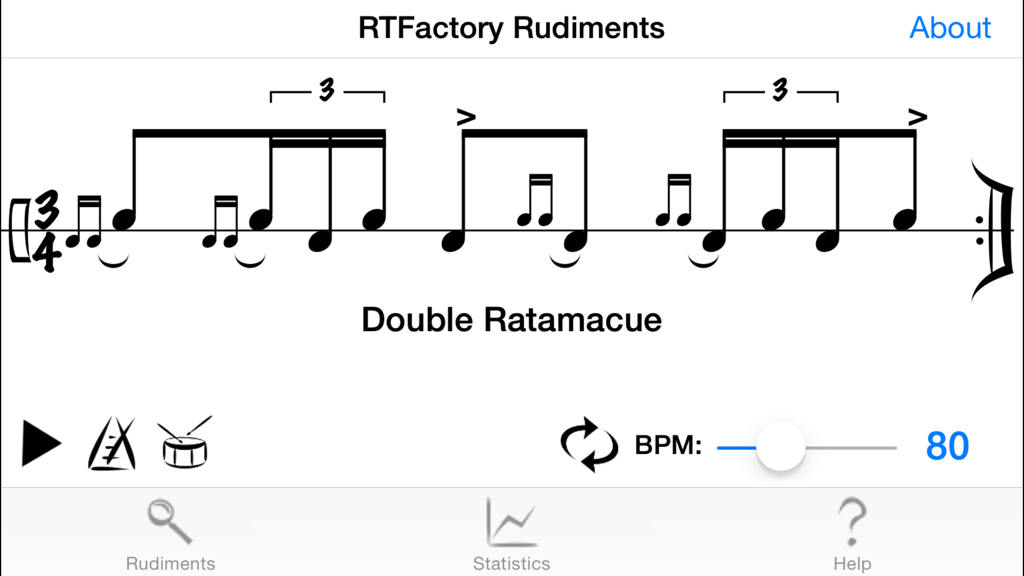 RTFactory Rudiments - Captura de pantalla de la aplicación RTFactory Rudiments que muestra la notación y la configuración de tempo de Double Ratamacue