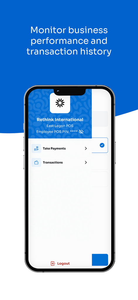 Bank POS - Smartphone screen showing the Bank POS app with buttons for taking payments and viewing transactions.